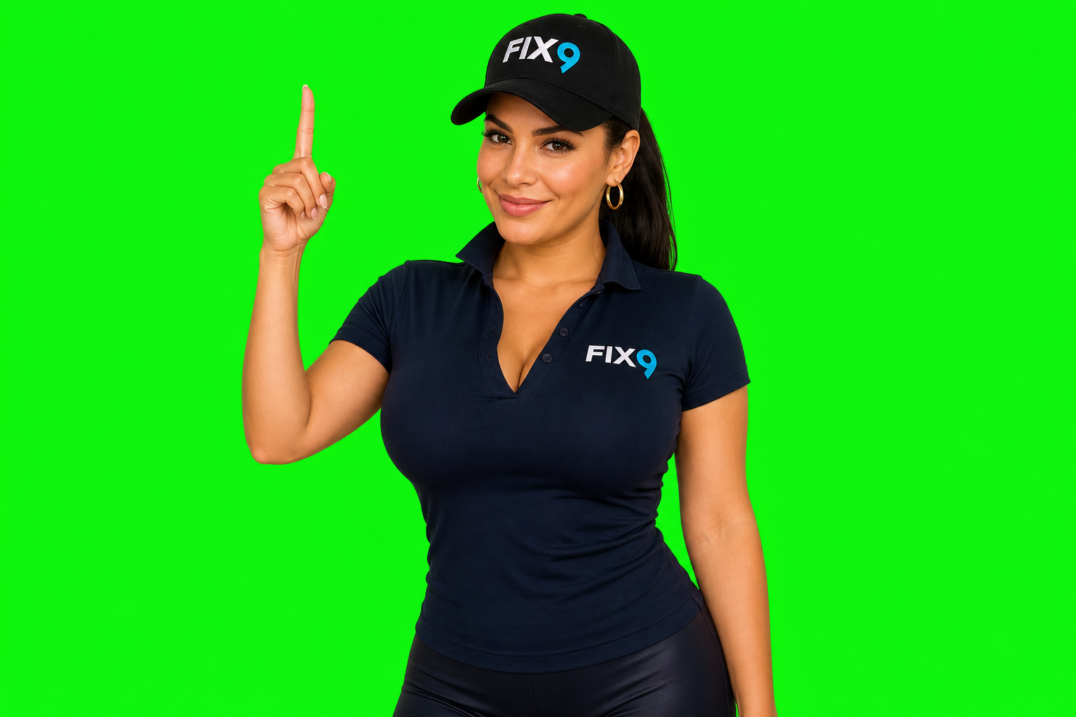 Sarah Morales in a Fix9 polo, pointing up