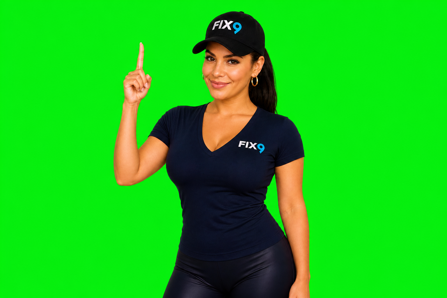 Sarah Morales in a Fix9 v-neck, pointing up
